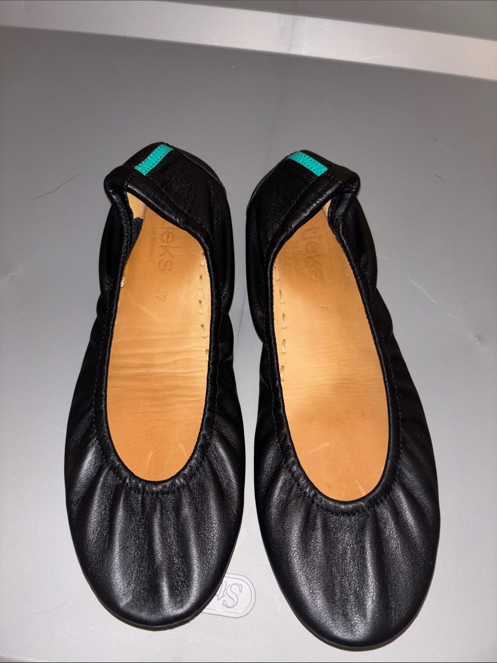 Tieks Black Leather Ballet Flats with Teal Accent